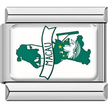 Rectangular Italian charm with a silver border featuring the map of Macau in green with the Macau lotus and gold stars, plus a banner saying “Macau.”